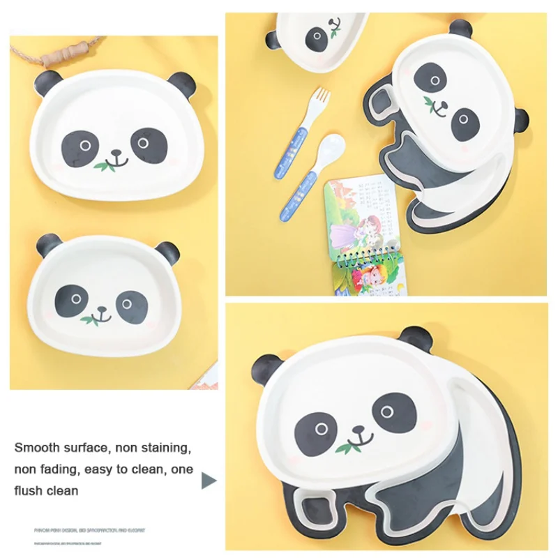 Panda Baby Tableware Safe Cartoon Toddler Bamboo Fiber Bowl Fork Cup Spoon Plate Kids Feeding Dishes Child Infant Dinnerware Set