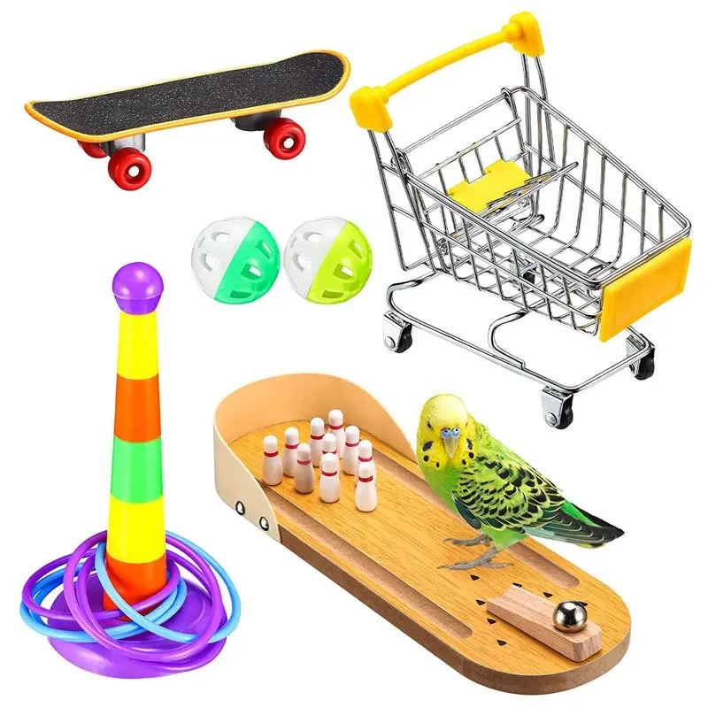 

Parrot Toy Set Skateboard Cart Ball Shopping Cart Training Bird Toy Chew Training Puzzle Ring Interactive Toy Birds Puzzle Toy