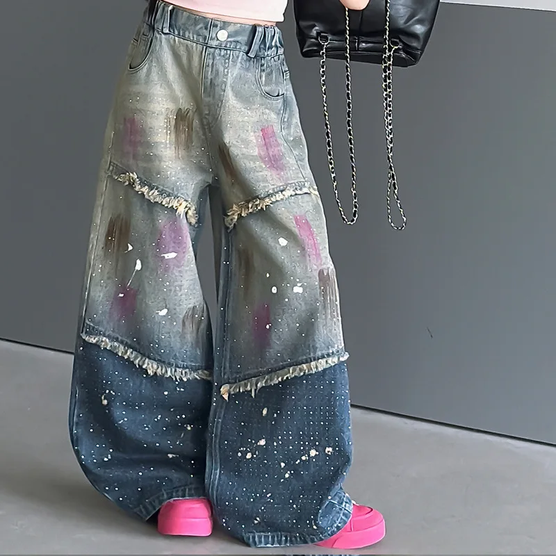 Girls Gradient Wide Leg Jeans Fashion Kids Spring Starry Rhinestone Casual Loose Fit Denim Pants Children's Summer Trousers