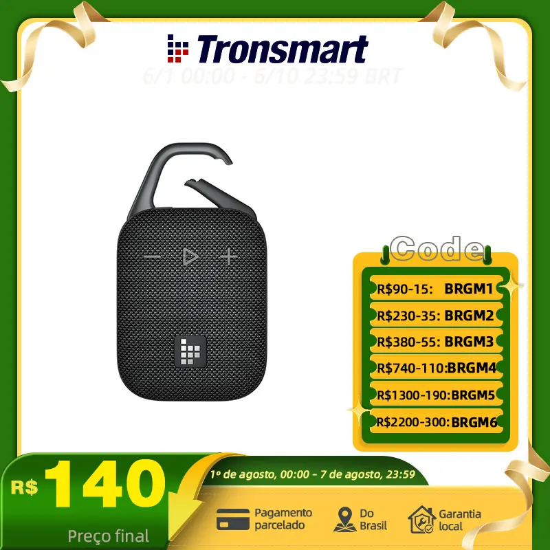 Tronsmart caixa de som bluetooth Mirtune H1 portátil Alto-falante portátil Bluetooth com gancho, IPX7 à prova d'água, 20 horas de reprodução, TWS, para camping, caminhadas