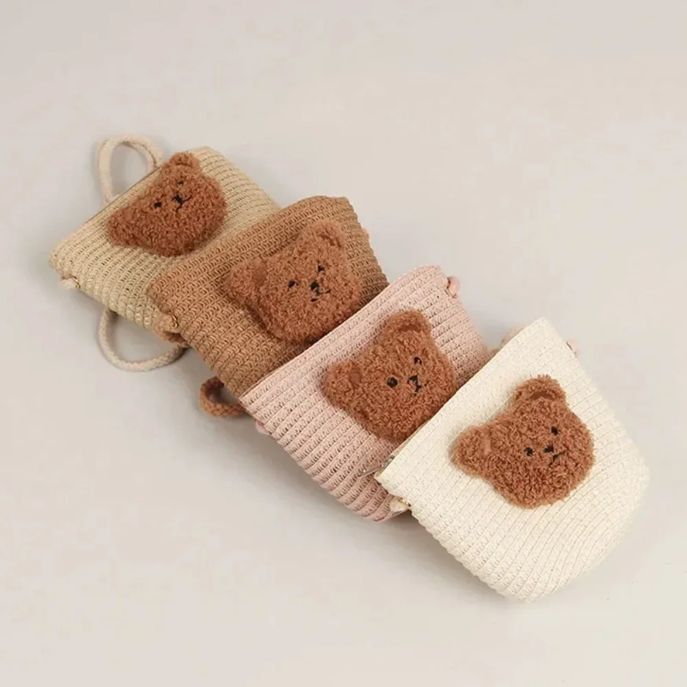 Cute Straw Woven Shoulder Bag Handmade Cartoon Bear Crossbody Bag Travel Beach Messenger Bags