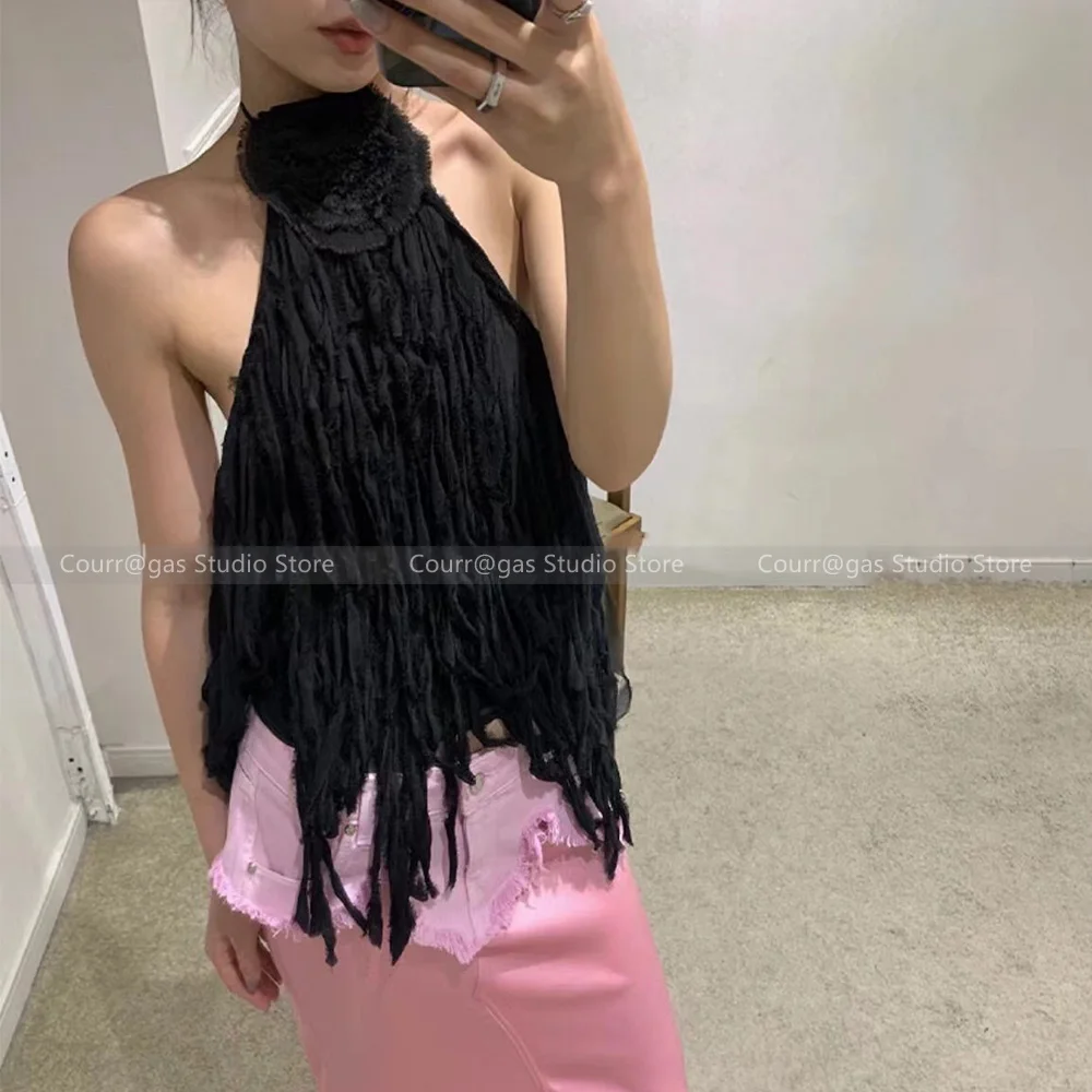 

24 Spring and summer new rose flower hanging neck handmade fringe backless halter tops