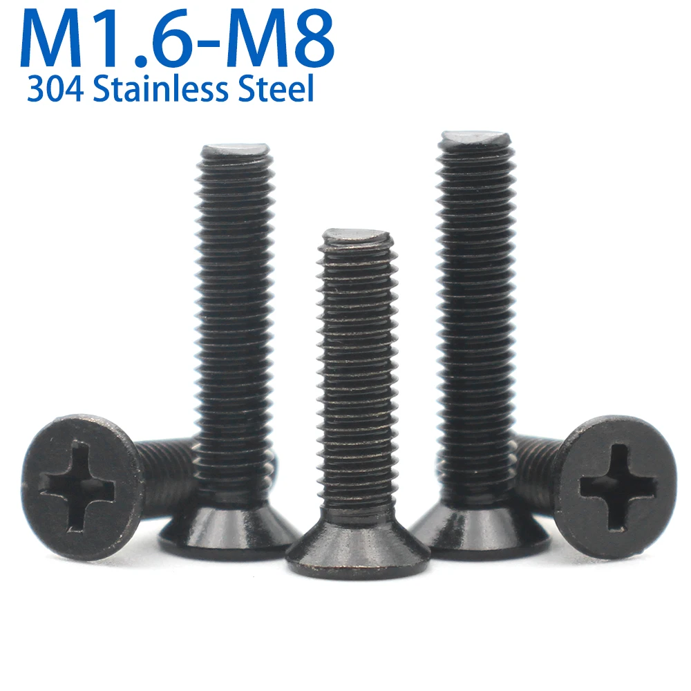 5-50PCS black 304 stainless steel cross recessed flat countersunk head screws sizes M1.6-M8 length 3mm to 60mm