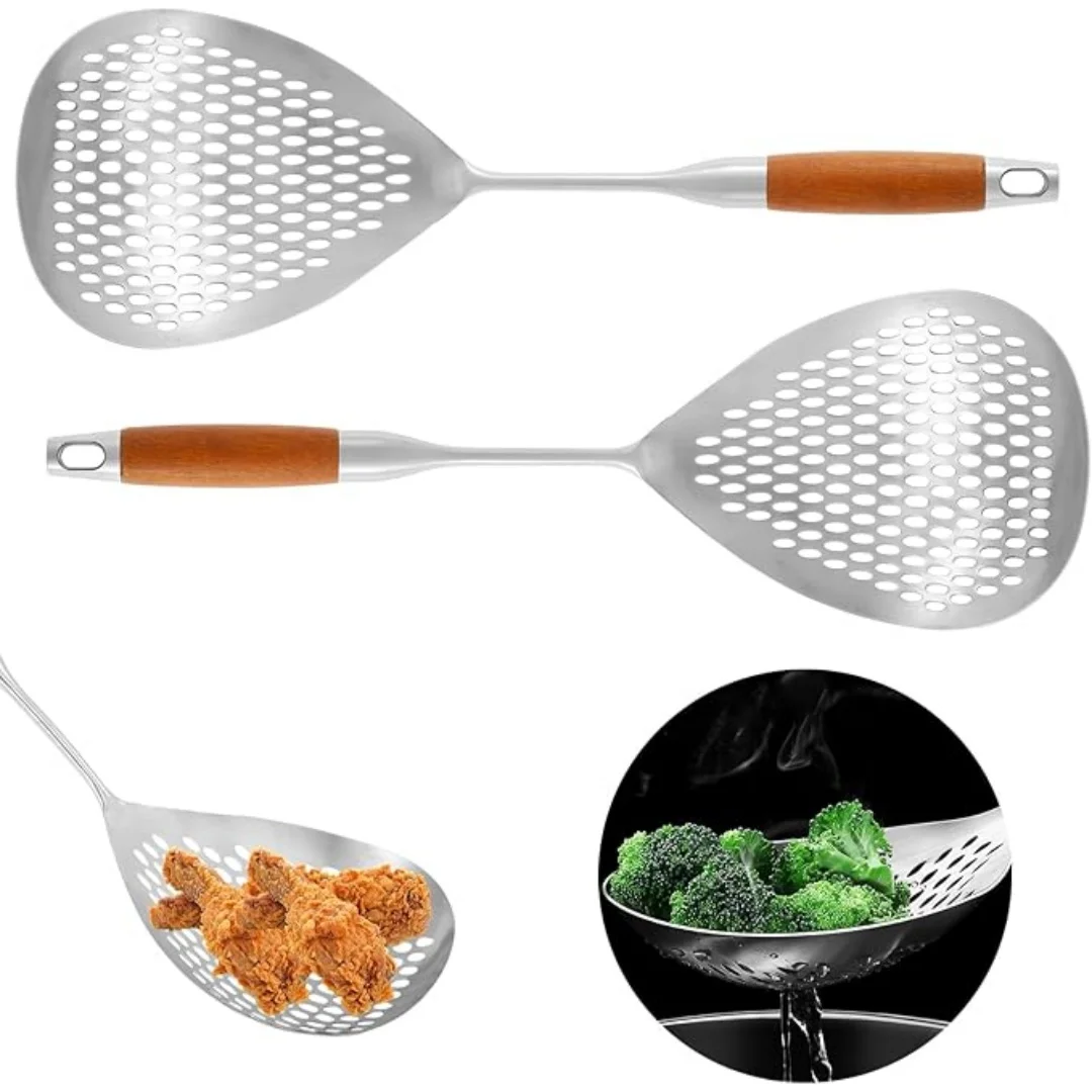 Large Stainless Steel Slotted Spoon - Wooden Handle Skimmer Spoon for Draining Pasta, Noodles, Fried Foods & Hot Pot view 2