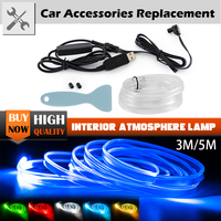 RGB Car LED Ambient Lights Optical Fiber EL Wiring Lamp Strip With USB Multiple Modes 3M 5M DIY Atmosphere Manual /APP Control