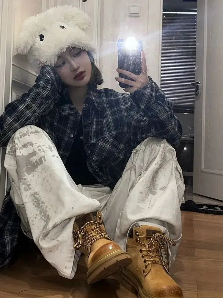 Women's Dirty Printing Pattern Retro 90s Pants High Waisted Punk Style Unisex Wide Legs Sweatpants Female Vintage Trousers