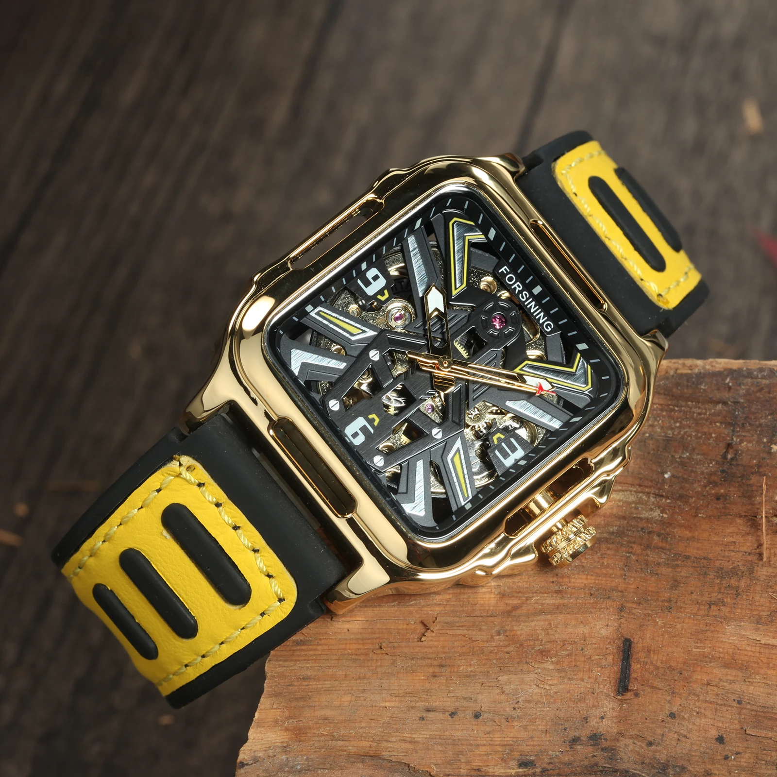 Forsining Gold Black Square Skeleton Automatic Watch for Men Luminous Hands Luxury Sports Mechanical Watches Rubber Leather Band