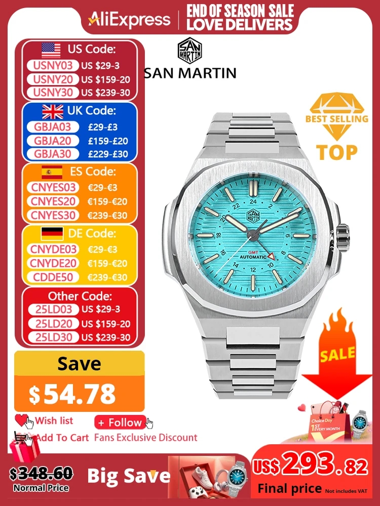 San Martin Mens Watch New 43mm GMT Classic Business Luxury Automatic Mechanical Watches for Men Sapphire 10Bar BGW-9 Luminous