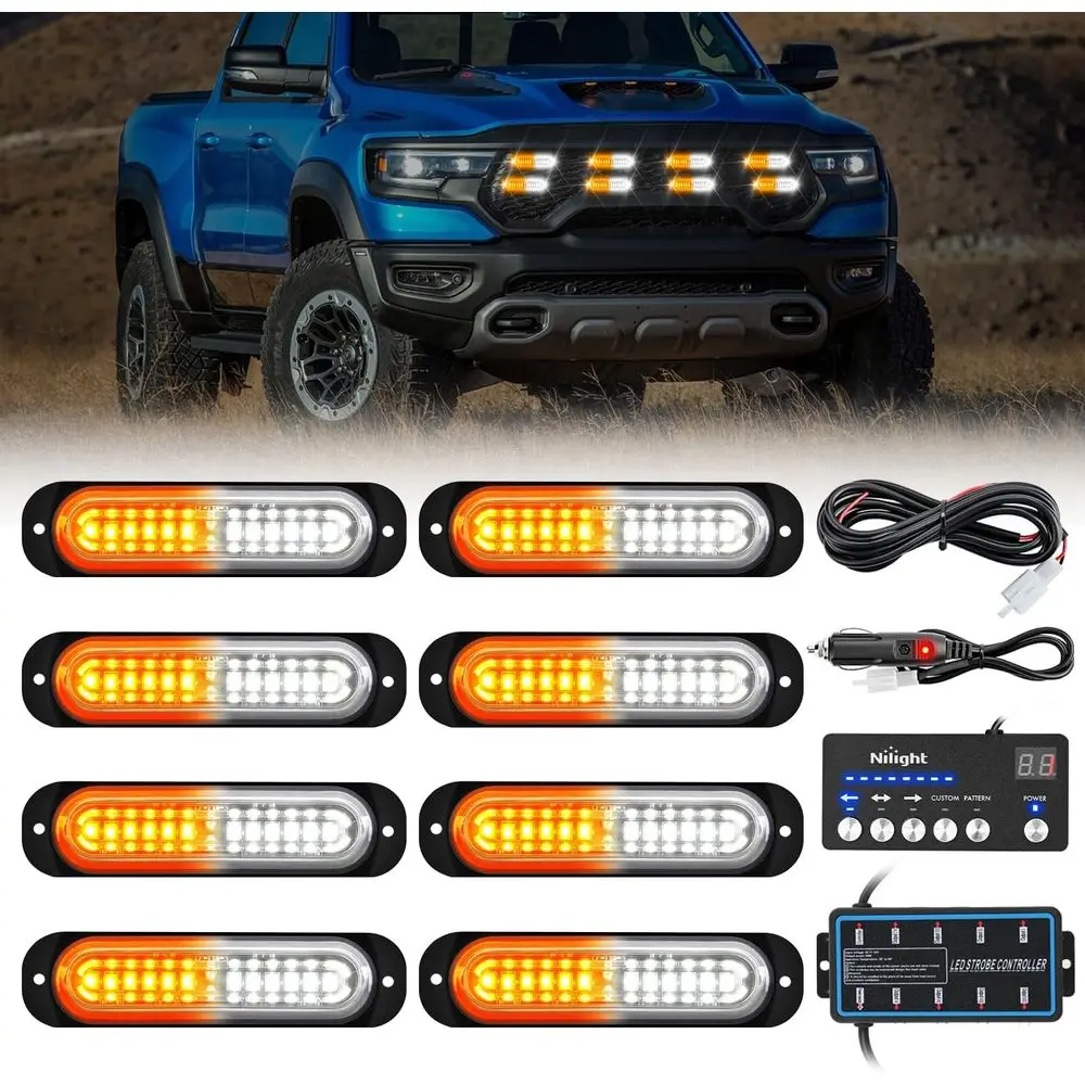Nilight 8PCS Led Strobe Lights with Controller 12V 24V Sync Feature Amber White Strobe Light 12 LED Surface Mount Emergency Haza