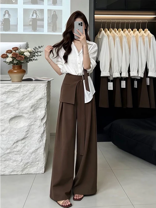 Casual Style High Waist Wide Leg Pants Shirt Two Piece Set Women's Fashion Korean Version Draped Shirt Wide Leg Pants