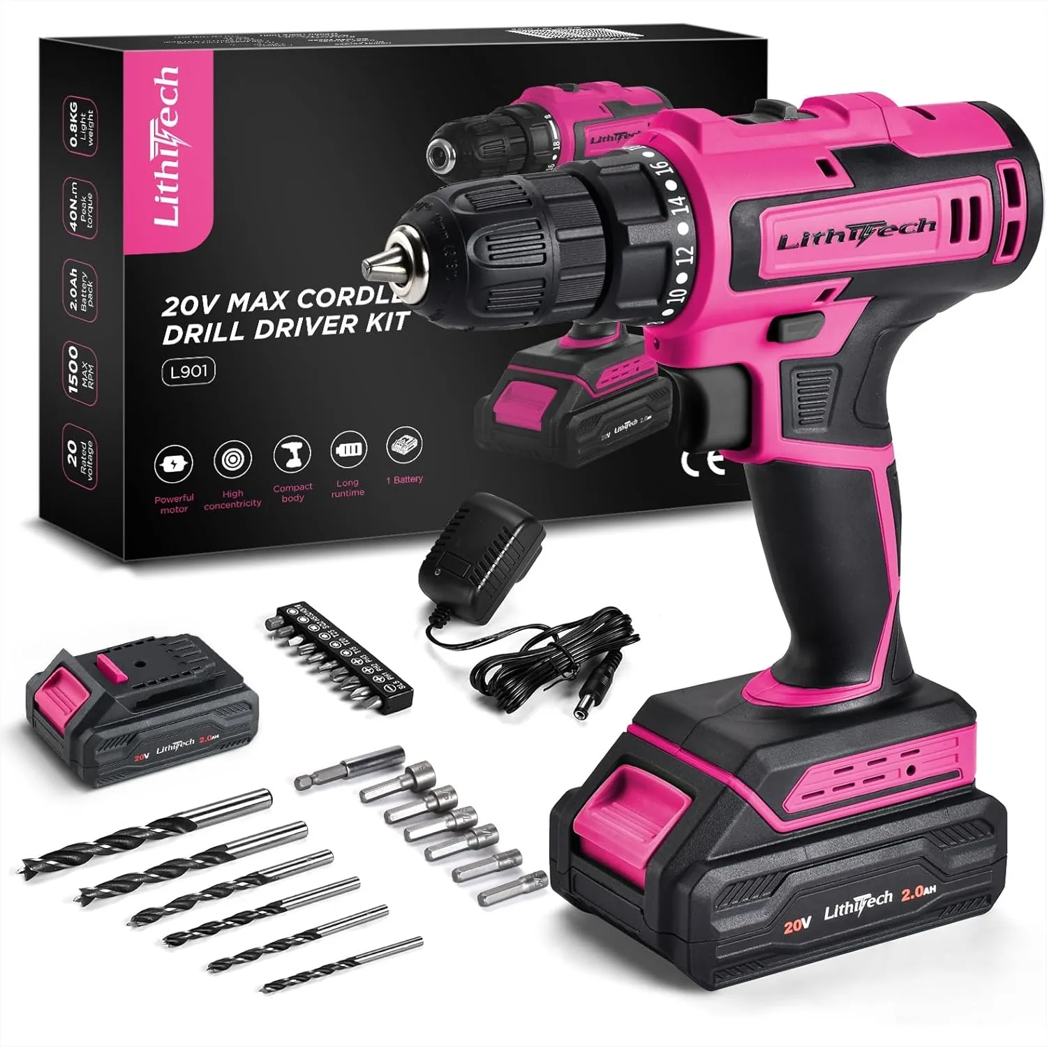 

20V Pink Cordless Drill Set for Women with 2.0Ah Battery and Charger