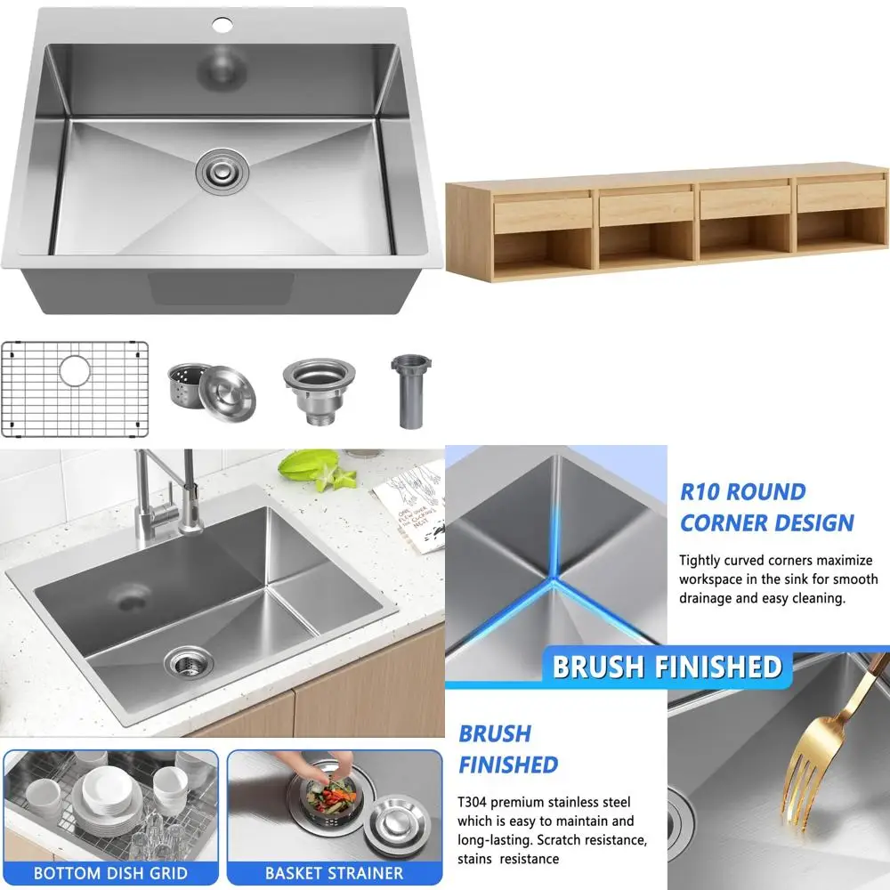 

Stainless Steel 25 Single Bowl Top Mount Kitchen Sink, 22 Drop-In, 18 Gauge, Grid Included, Durable 304 Grade