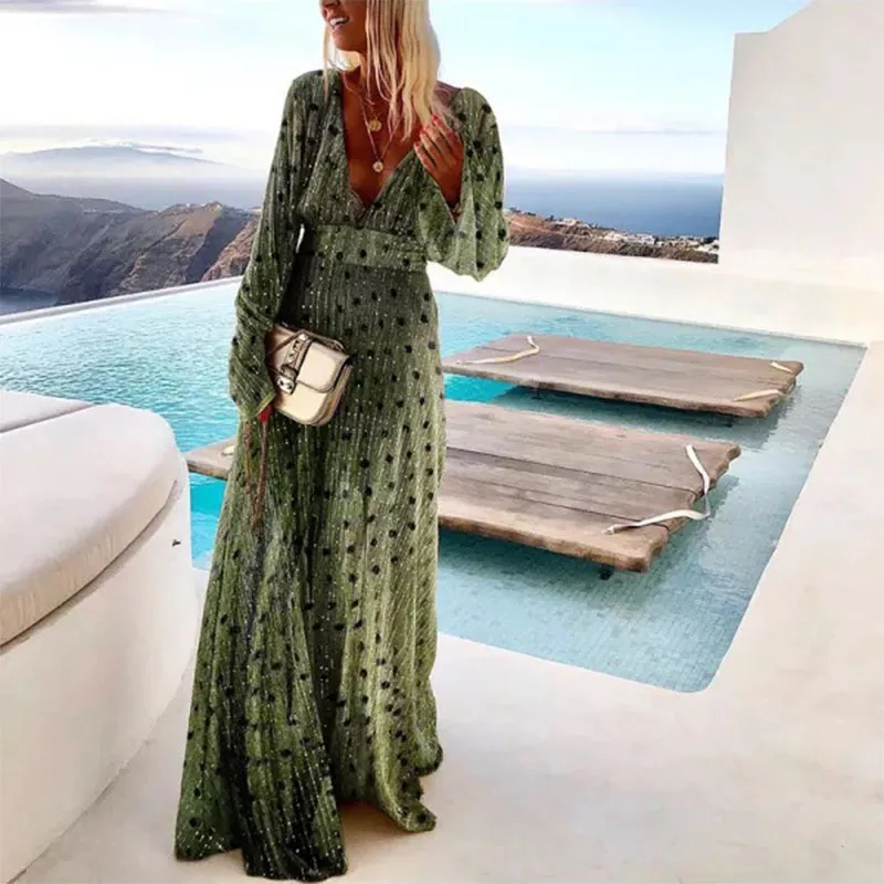 

2026 Women's New Green Gradient Spot Print Fashionable Style Deep V Large Swing Dress for Seaside Vacation Elegant Long Dress