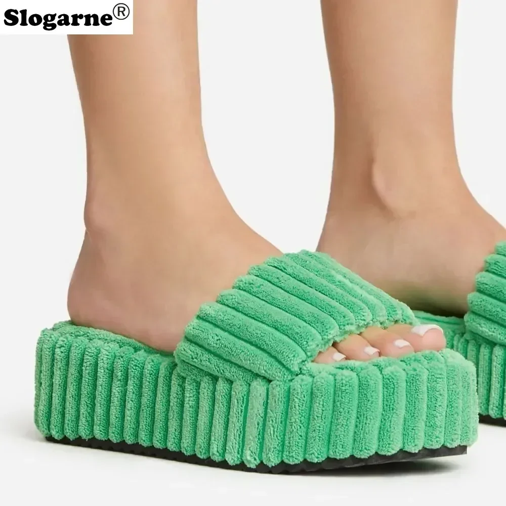 Women Platform Slippers 5cm Thick Sole Sandals Fashion Summer Slides Girls Fur Slippers Wedges Outdoor Wedges Autumn Slippers