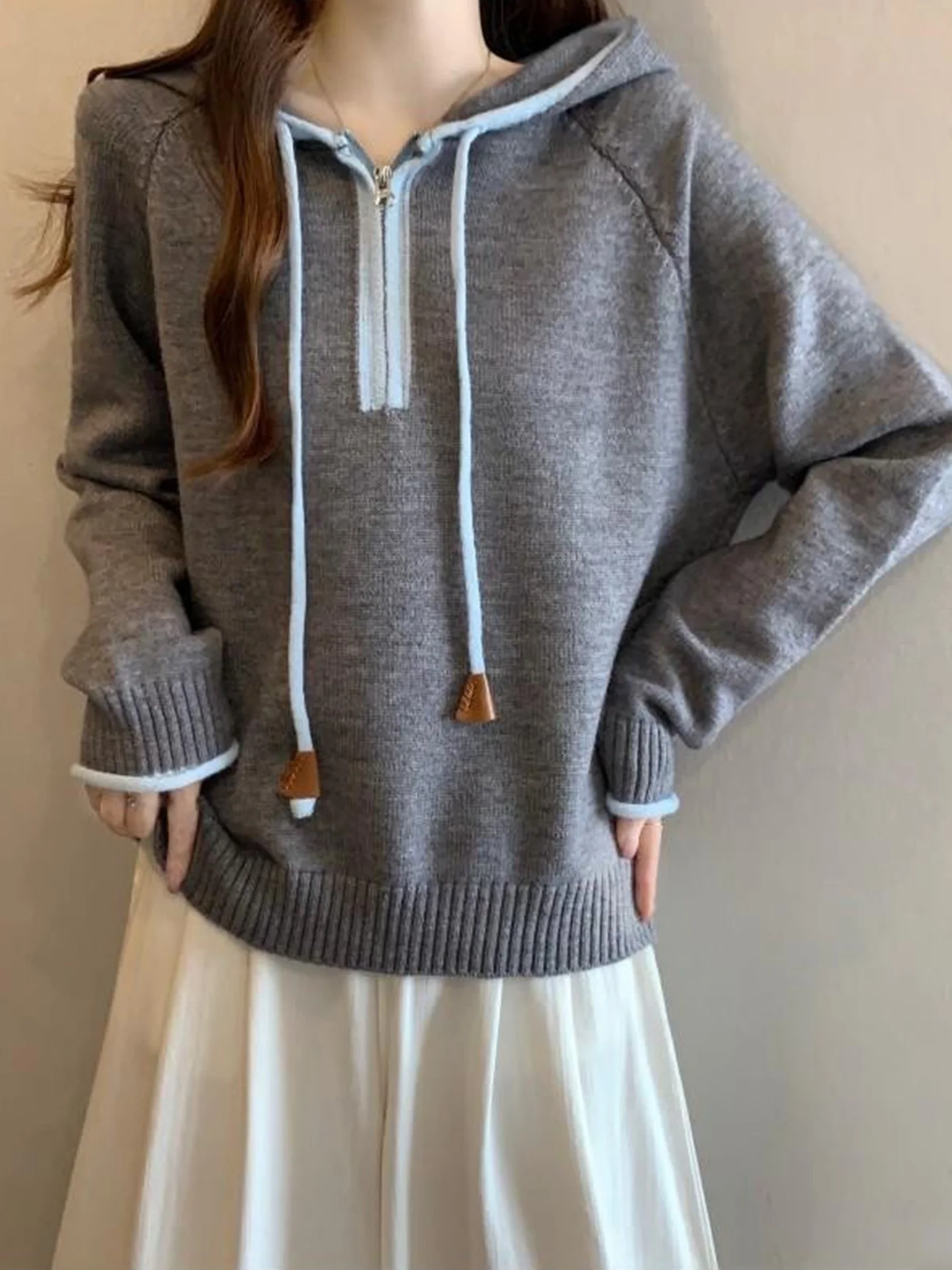 

Korean Sle Zipper Hoodie Knitted Sweater ey Women's Autumn Winter plus Size Color Blo Base irt Top Commute Faion