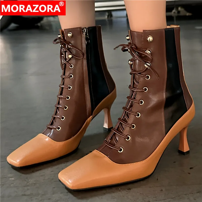 

MORAZORA 2024 New Genuine Leather Mixed Colors Autumn Boots Cool Narrow Band Women's Ankle Boots Zipper Thin High Heels Shoes