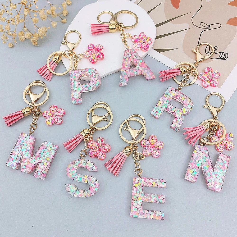 Exquisite Dreamy Sequin Letters Keychain Pink Flower Tassel Charm Keyring A-Z Initial Bag Ornaments Car Trinket Gift Accessoies