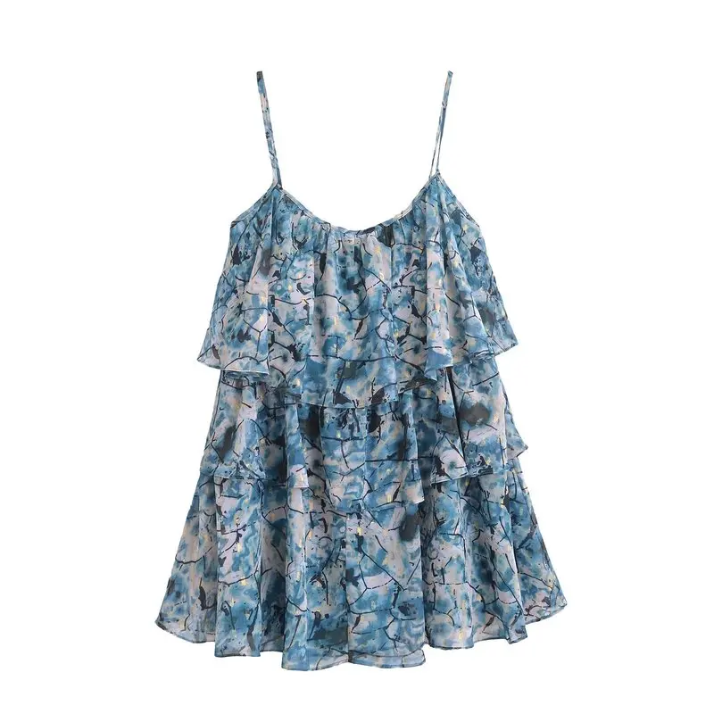 Verão 2024 f curto impro sem costas em camadas decorativa vestido de alça estilo de deslocamento sem mangas decote ...