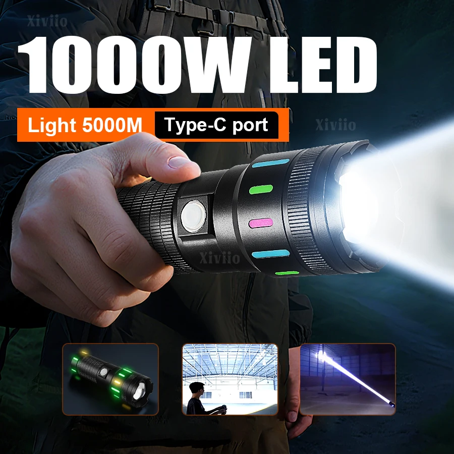 

High Power Flashlight 1000W LED Rechargeable Flashlight Strong Light Tactical Lantern Zoom Camping Hiking Outdoor Portable Torch