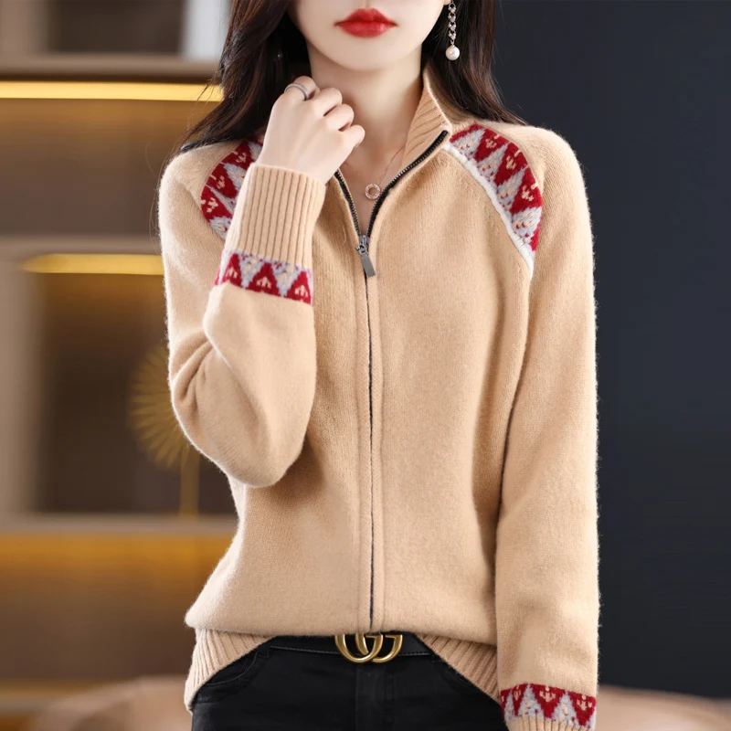 100% Pure Wool Women's Zipper Cardigan Cashmere Sweater Thickening Autumn and Winter Warm Color-blocking Jacket Femal