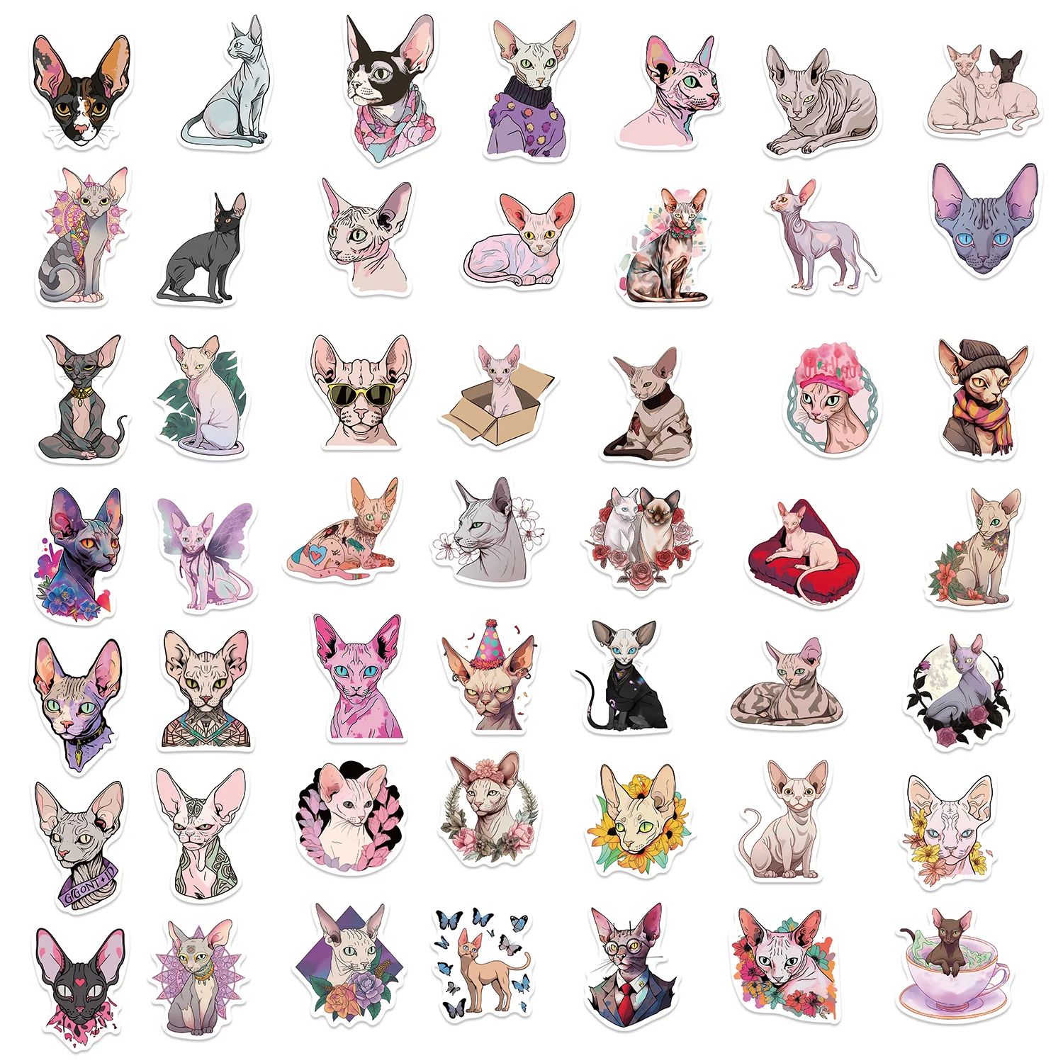 50 Stuks Cartoon Sphynx Cat Serie Graffiti Stickers Geschikt Voor Bagage Telefoonhoesjes Laptop Decoratie Stickers Diy Speelgoed