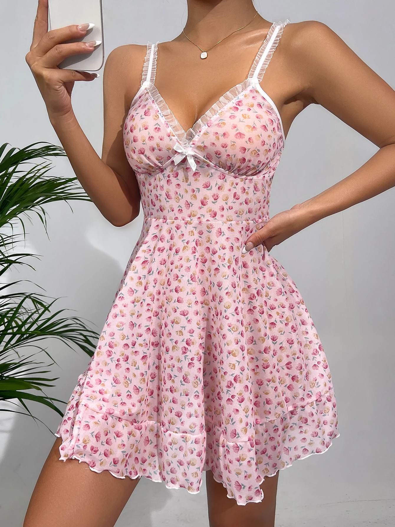 Summer Pink Pajama Sexy Dress Floral Printed Lace for Women Home V-neck with Strap Camisole Nightdress