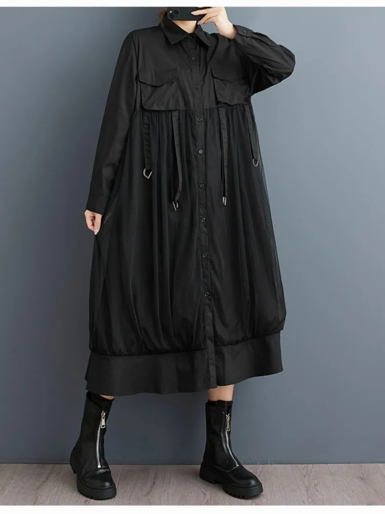 Oversized Mesh Patchwork Autumn Shirt Dress Women Loose Pleated Fashion Long Sleeve Ladies Dresses Casual Woman Long Dress