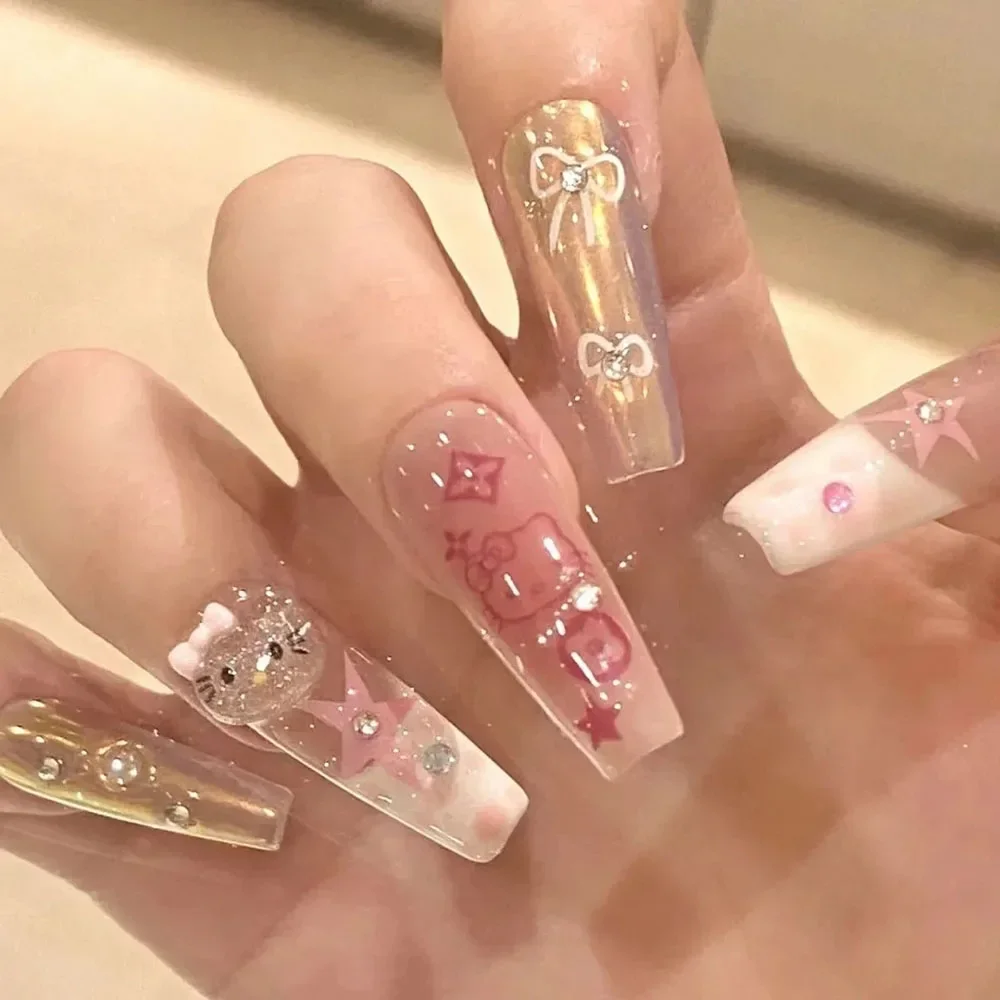 Sanrio Cartoon Hello Kitty Wear nails Reused Y2K Pink Halo Dyed Shiny Cat Eyes Nail Patch Cute Wemen Pure Handmade Wearing Nail