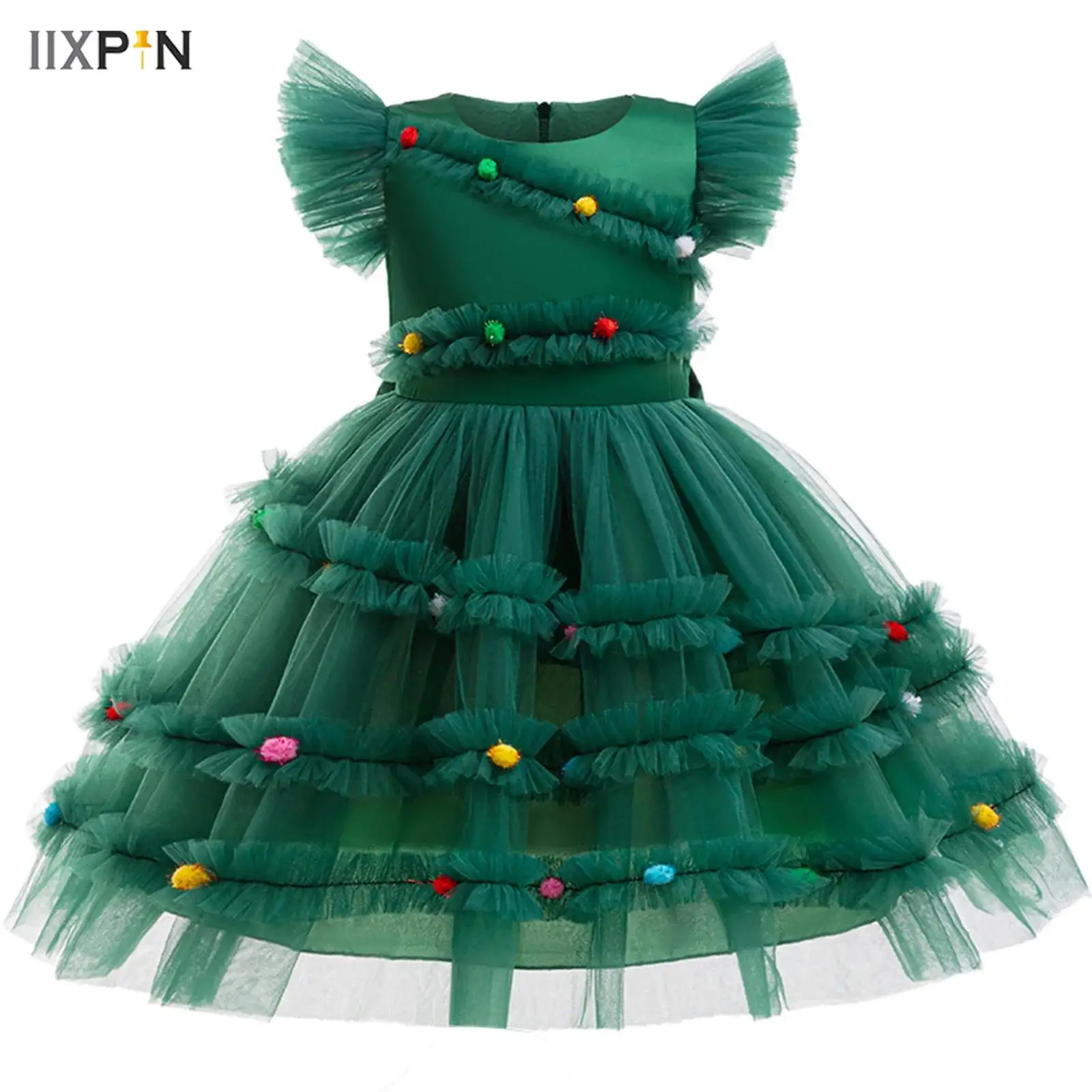 

Girls Christmas Tree Dress Flying Sleeve Xmas Party Tutu Dress Bow Knot Colorful Pompoms Mesh Dress Xmas Party Dress