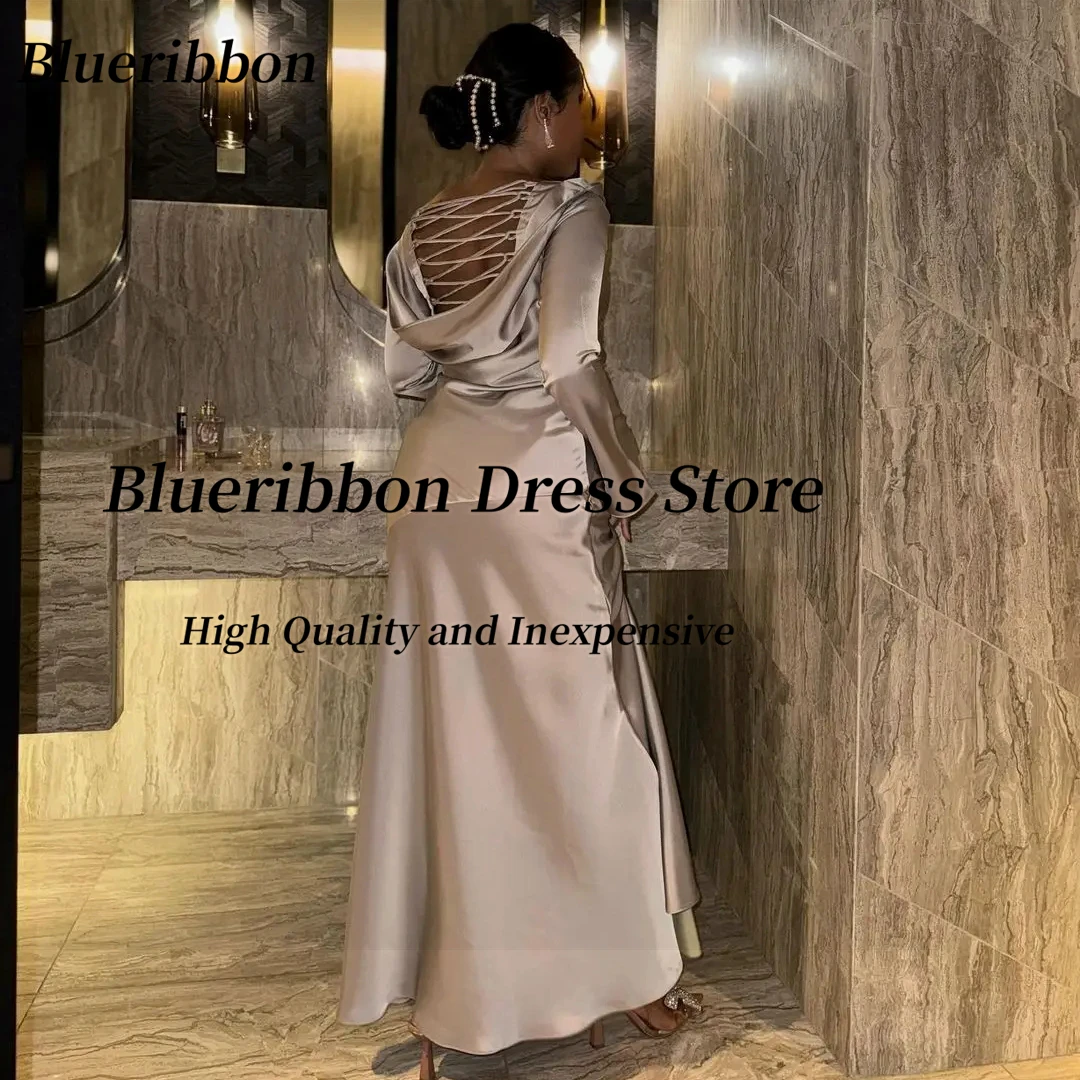 Blueribbon Sexy Lace Up Back Prom Dresses Customized Long Sleeves Robes De Soirée Saudi Women Evening Party Gowns