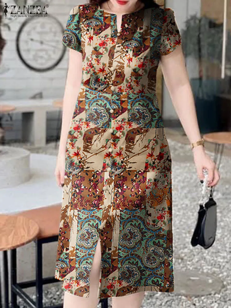 

ZANZEA Women Cotton Midi Dress Fashion Floral Printed Vestidos Korean Vintage Short Sleeve Robe Holiday Oversized Slit Sundress