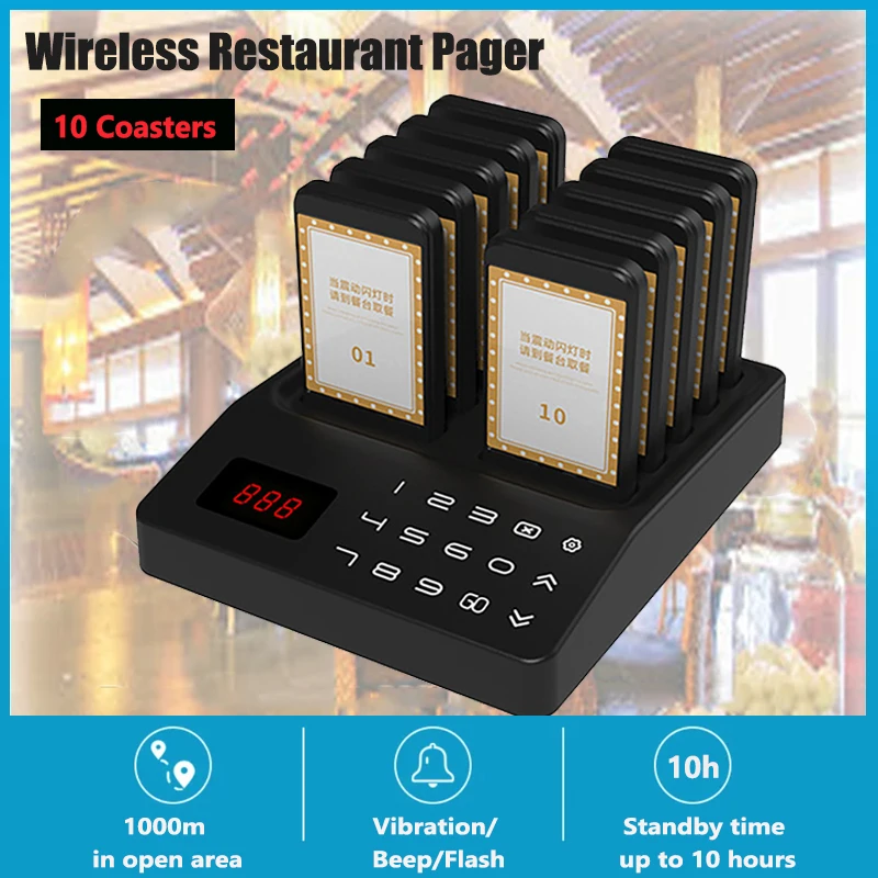 Restaurant Pager Wireless Calling System 10 Coasters Buzzer Vibrator Bell Receiver Beeper For Food Truck Bar Cafe Shop Brasserie