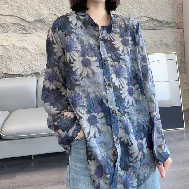 Fashion Floral Printed Blouse Vintage Spring Autumn Loose Single-breasted Commute Female Clothing Casual Turn-down Collar Shirt