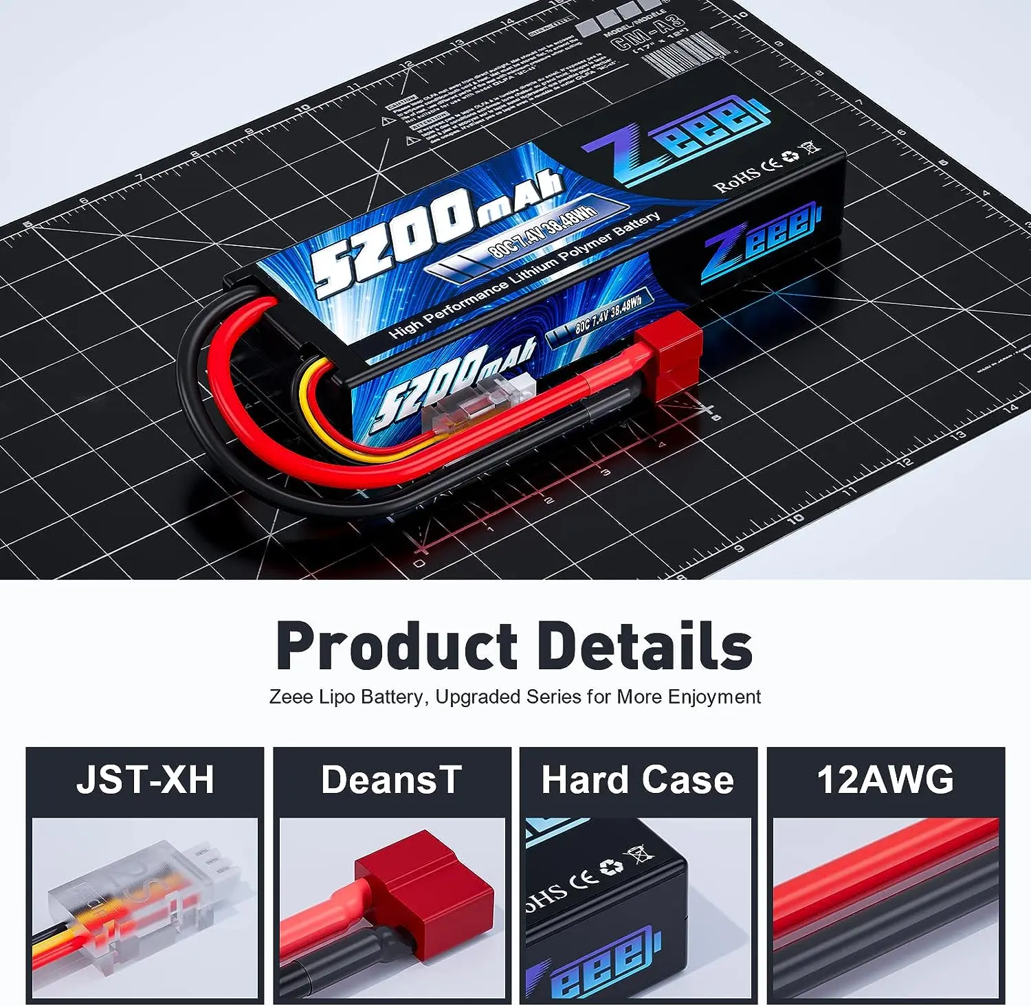 Zeee 2S Lipo Battery 7.4V 80C 5200mAh Hardcase T Plug for 1/8 1/10 RC Car Truck Tank RC Buggy Truggy RC Airplane Racing Parts