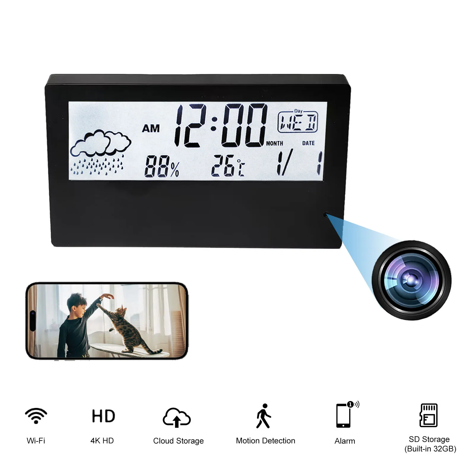 4K HD Wireless Alarm Clock Camera with WiFi, Motion Detection, Remote Viewing, APP, Nanny Cam, Home and Office Surveillance