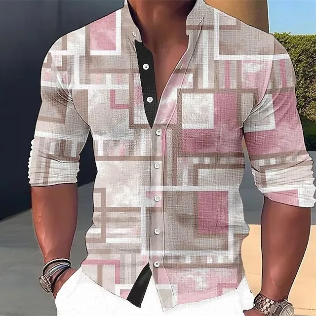 Square Color Blocking Loose Men's Fashionable Stand Up Collar Long Sleeved Shirt Handsome Fit Casual And Comfortable Shirt MB1