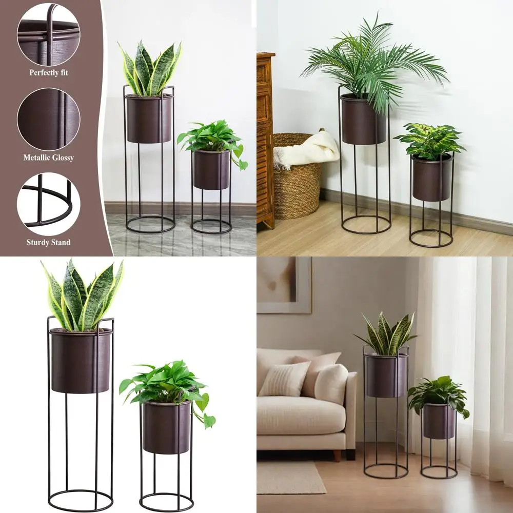 

Set of 2 Large Metal Planters with Stand, 28 & 18 Tall, for Indoor Plants, Living Room, Kitchen, Office, Garden, Balcony, Patio