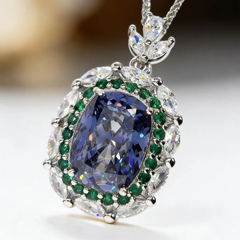 Fashion Luxury Fat Rectangular Pendant with European and American Zircon Blue Necklace High Grade Jewelry for Women KOFSAC