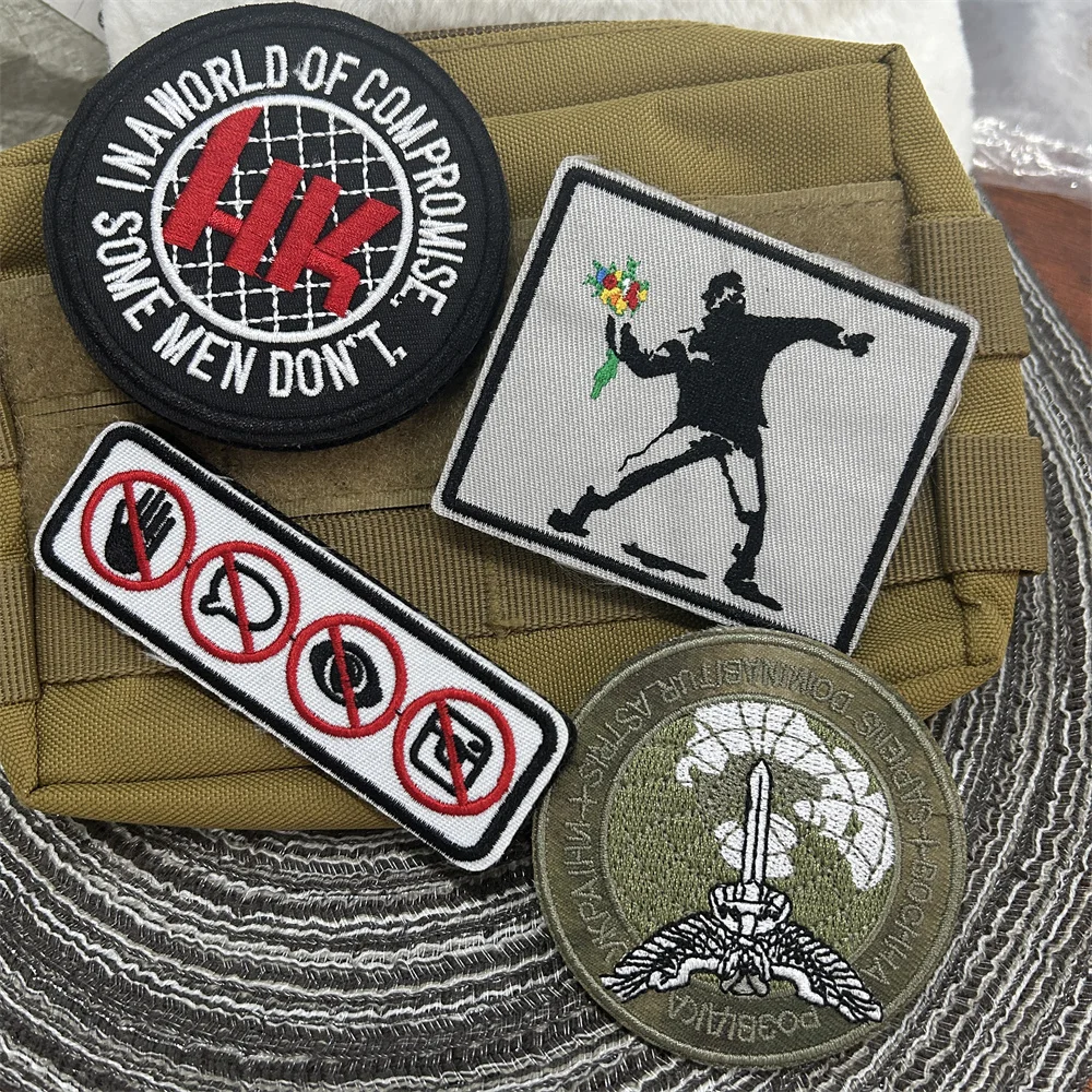 Banksy Throwing Flower Boy Embroidered Tactical Patch Prohibited Logo Outdoor Adventure Military Hook and Loop Backpack Stickers