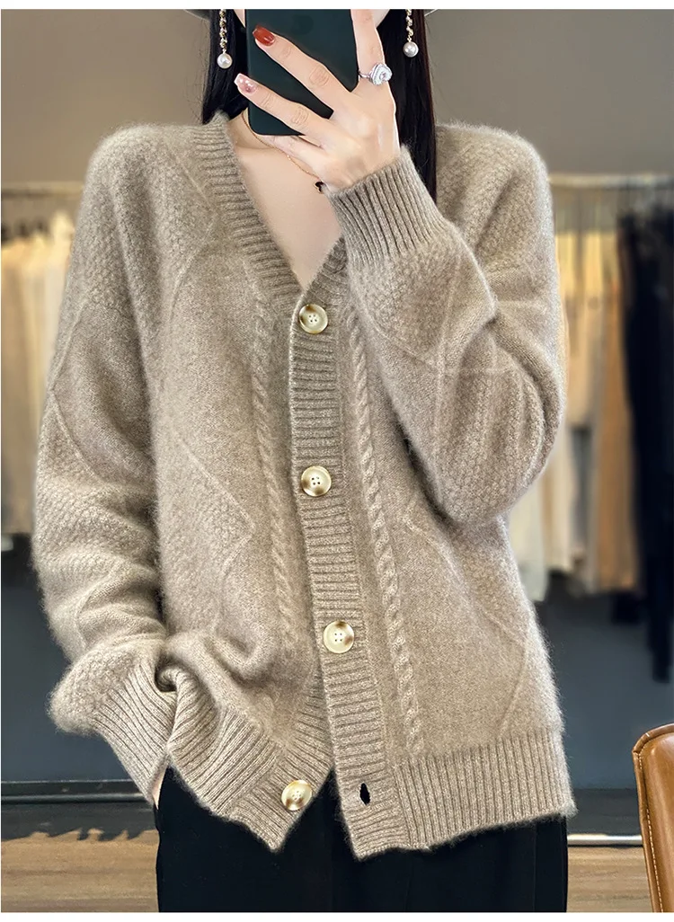 Fashion 2024 autumn and winter new item solid color long sleeved V-neck knitted cardigan breasted jacquard sweater jacket