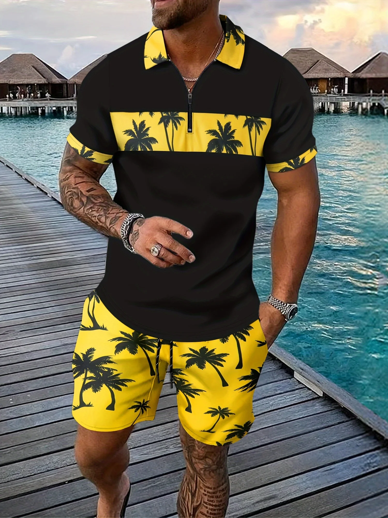 2-piece Men\'s Summer Holiday Style Outfit Set Short Sleeve Zip Golf Shirt & Waist Drawstring Shorts With Pockets Beach Resorts