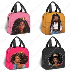 Black Women with Crow Print Lunch bag Afro Women Students School Picnic Bag Boys Girls Food Pouch Outdoor Hiking Food Bag