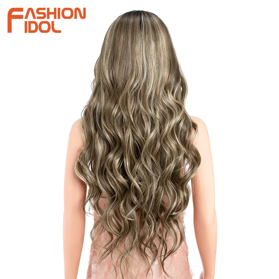 FASHION IDOL Lace Front Wig Synthetic Hair With Baby Hair Body Wave Wigs For Black Women 28 Inch Ombre Brown Lace Wig Cosplay