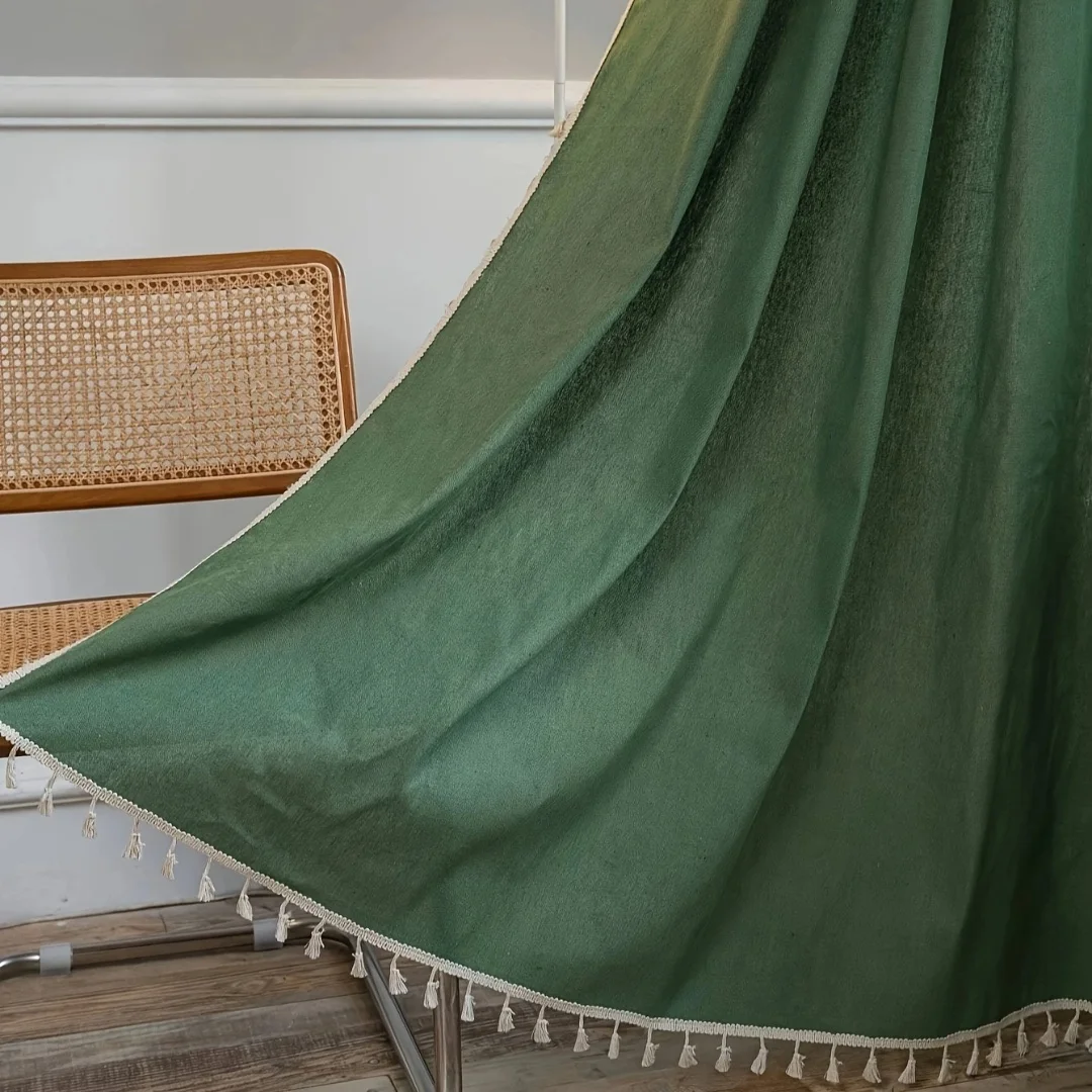 1 panel with 100% full shading green curtains, bohemian style tassel rod pocket curtains suitable for living rooms and bedrooms