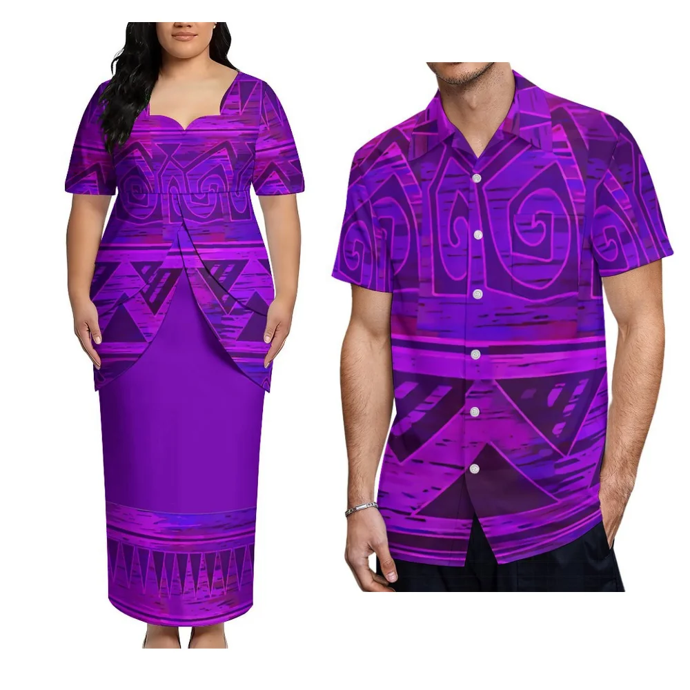 Conjunto de Verão para Casal: Vestido Feminino de Manga Curta e Camisa Masculina Polinésia Puletasi para Festa de Coquetel e Eventos Noturnos