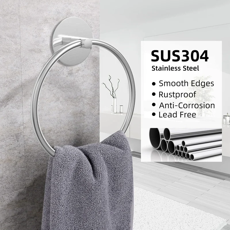 Bathroom Towel Ring Stainless Steel Bathroom Towel Rack, Adhesive Wall Mounted Hand Towels Holder Easy Install Easy To Use