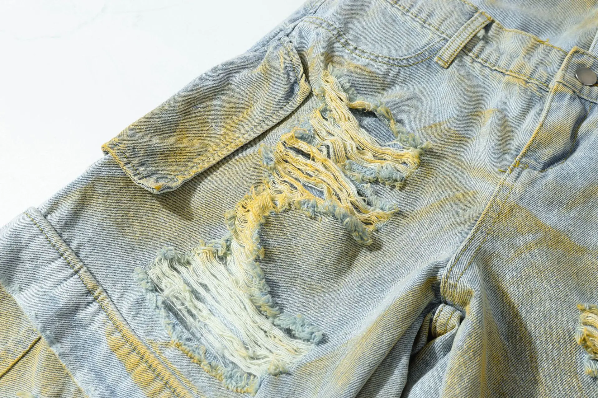 Men's Vintage Washed Distressed Ripped Denim Cargo Shorts Double Waist Baggy Wide Leg Shorts Streetwear Casual Summer Short Pant