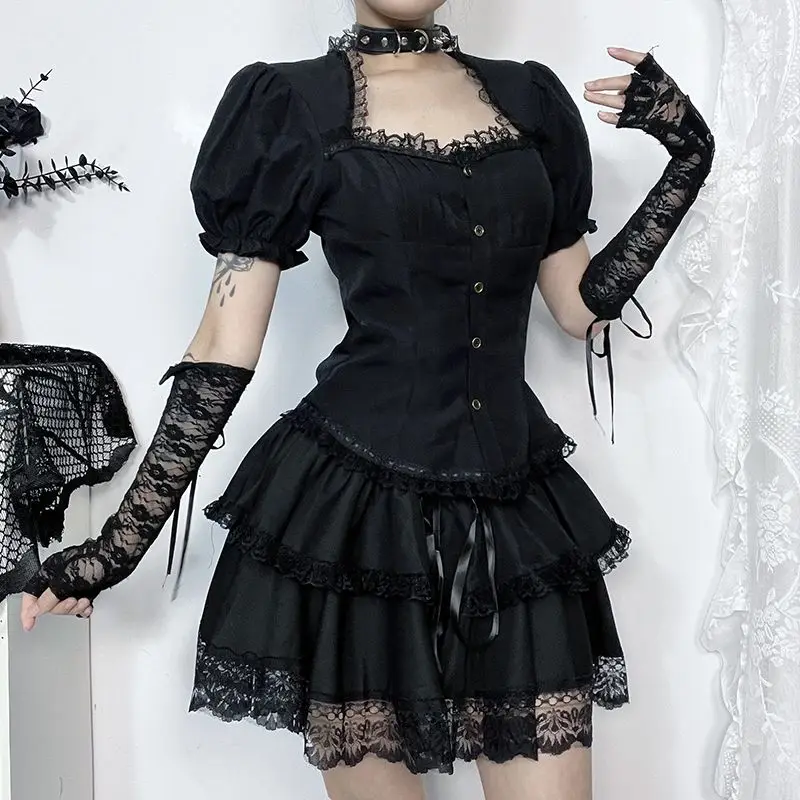 

Onalippa 2025 Dark Lolita Stacked Short Sleeved Shirt Y2K 2000S Clothes Women Slim Fit Slimming Bubble Sleeves Abi Style Top