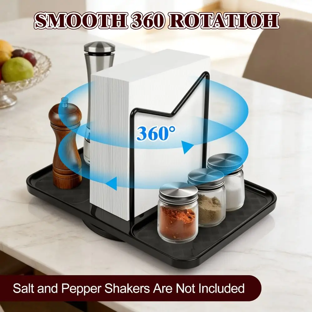360° Rotating Napkin Holder Tray Base Raised Edge Paper Towel Dispenser Anti-Slip Metal Frame Condiment Organizer Restaurant