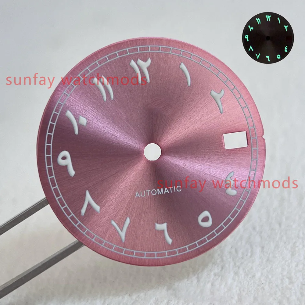 NH35 Esferas de uñas árabes luminosas verdes, accesorios de reloj personalizados, 28,5mm